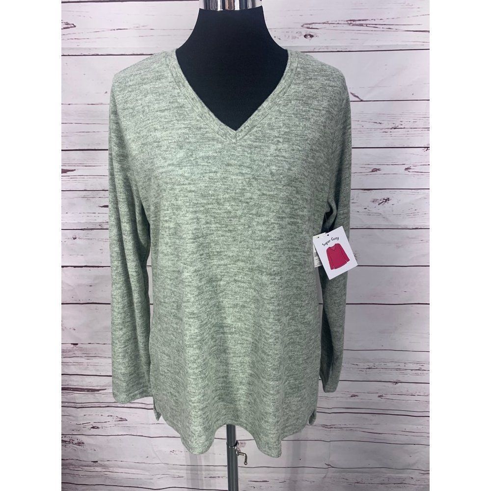 Bobbie Brooks Super Cozy V-Neck Top Sage Green Marl High Low Hem RN67227
